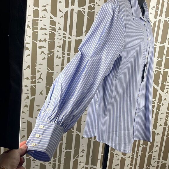 CHAPS NEW $60 Classic Fit Polished Balloon Sleeve Stretch Poplin Striped Blouse - Picture 2 of 7